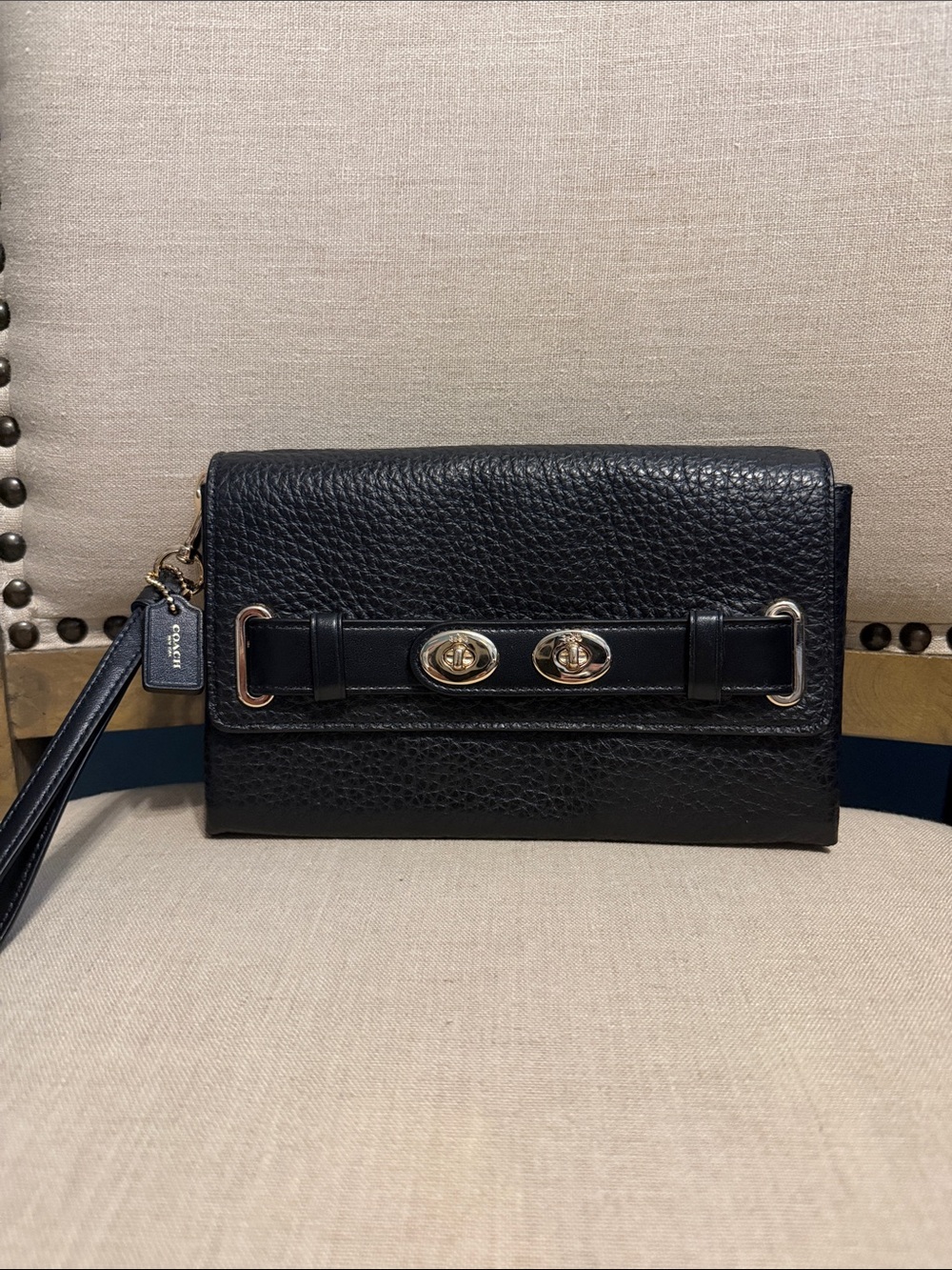 Coach “Blake” Double TurnLock Pebbled Leather Clutch/Wallet in Black